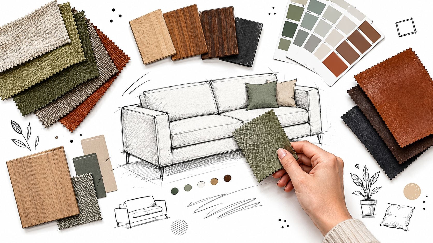A hand holding a green fabric swatch over a sofa design sketch with various material samples.