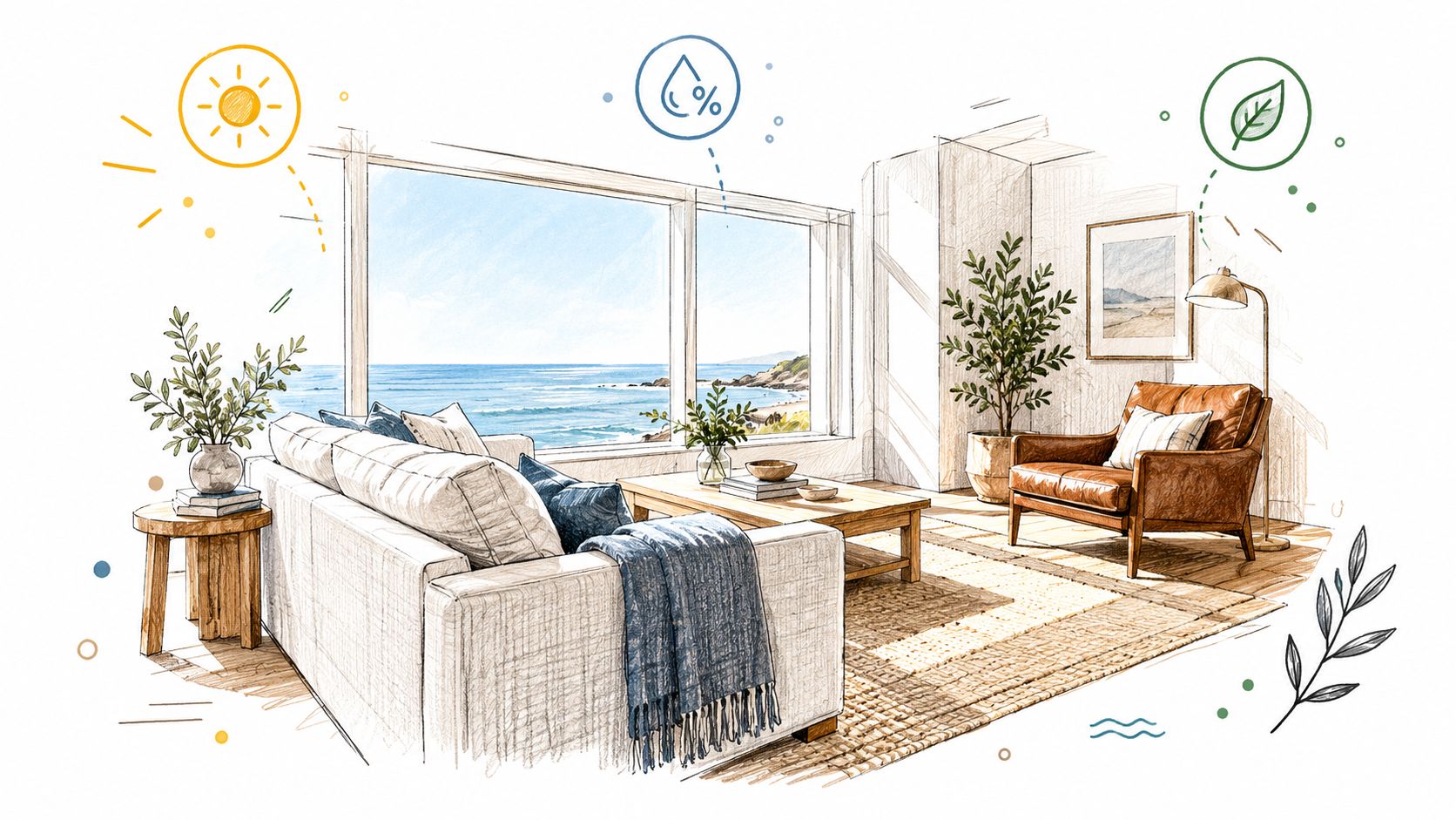 A cozy, sunlit modern living room sketch with a sofa, leather chair, and a view of the ocean.
