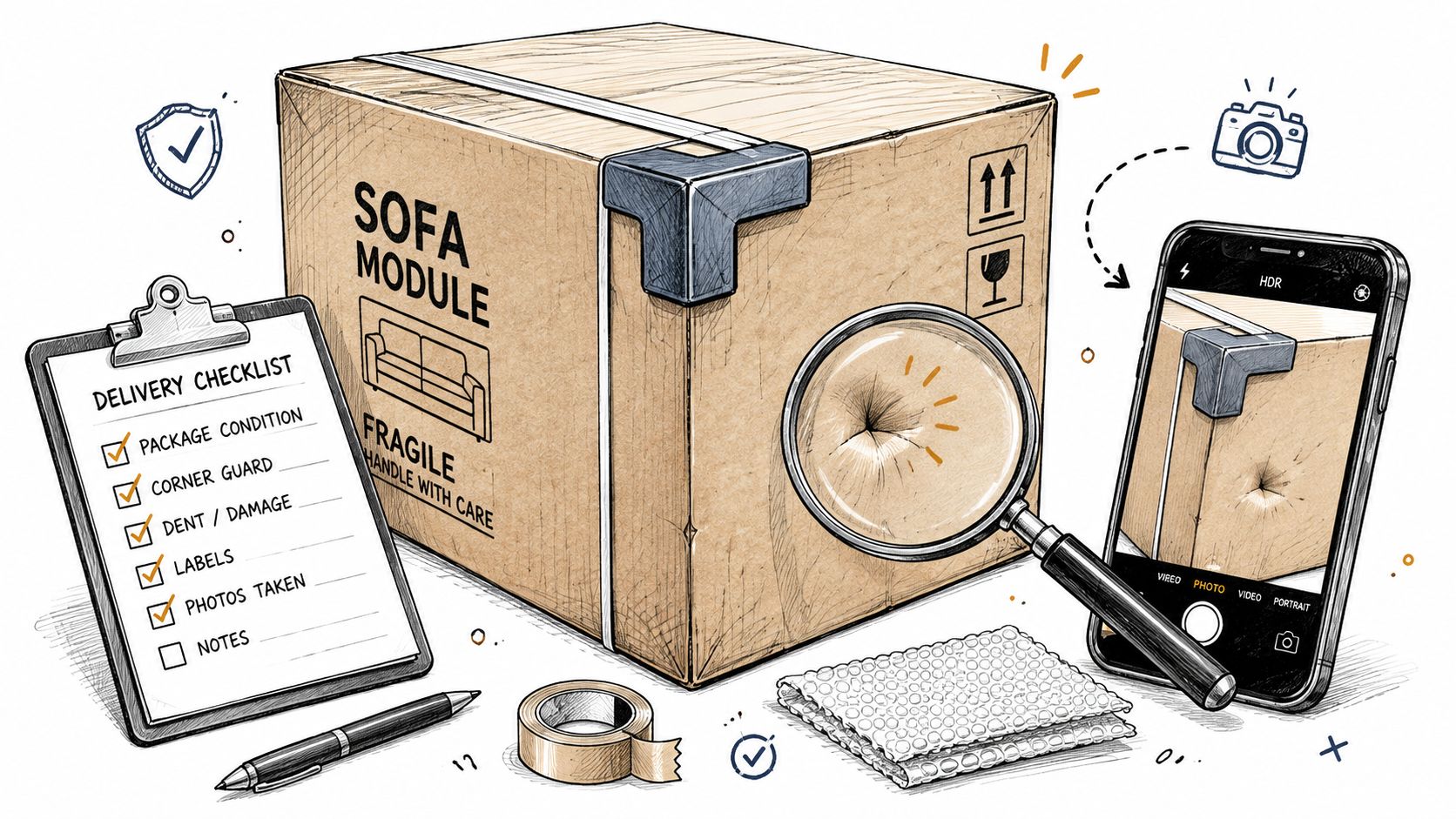 A delivery checklist with a cardboard sofa module box, magnifying glass, and smartphone for capturing package inspections.