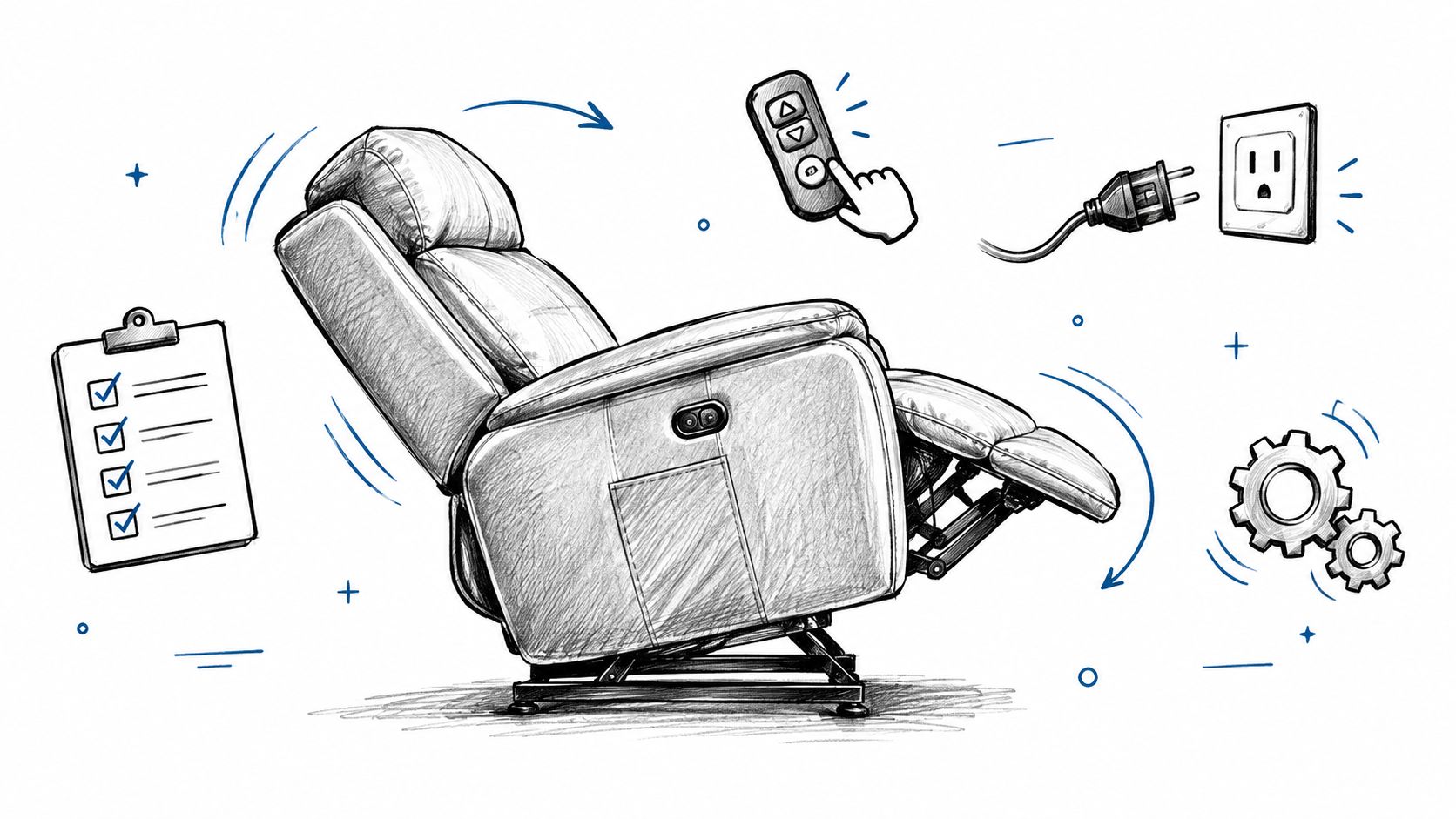 A line-art sketch of a power recliner chair alongside a delivery checklist, remote control, and electrical outlet.