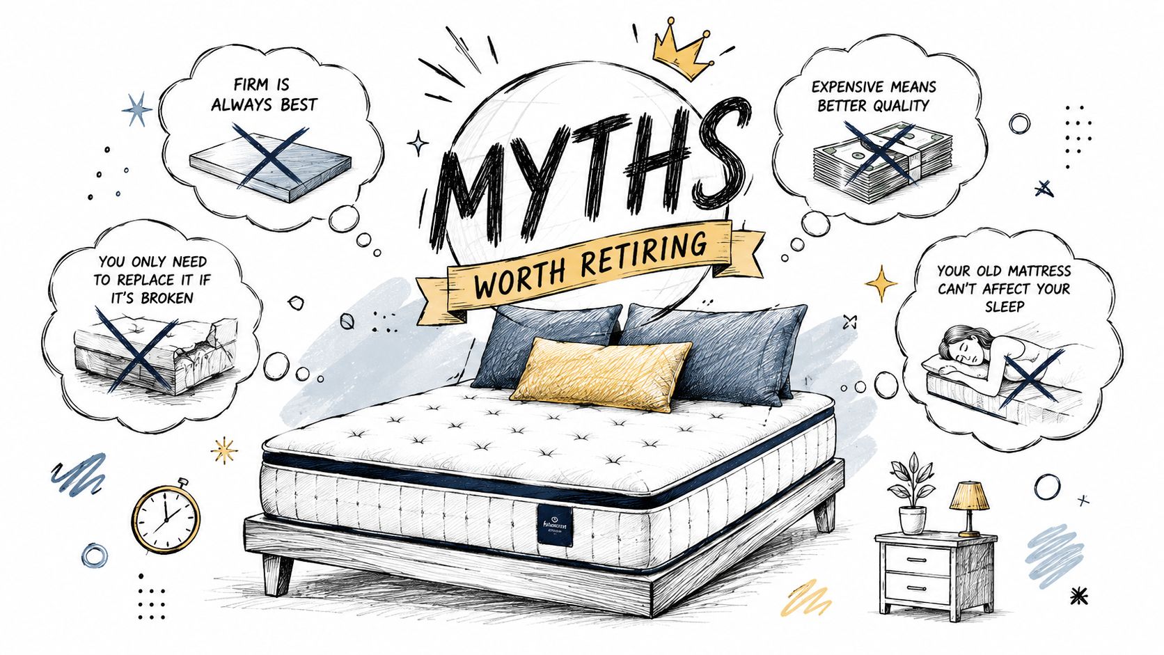 A hand-drawn illustration debunking common mattress myths with a bed, pillows, and speech bubbles featuring crossed out misconceptions.
