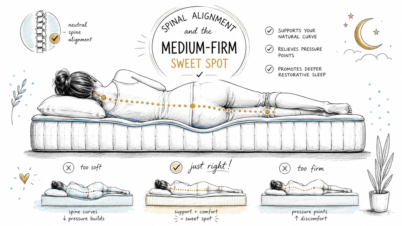 A diagram illustrating ideal spinal alignment on a medium-firm mattress compared to beds that are too soft or firm.