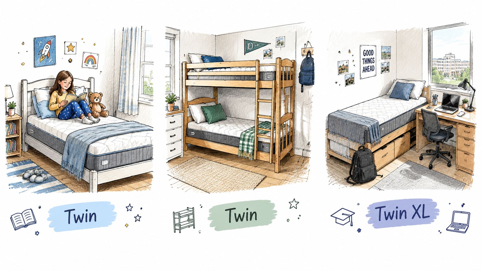 A hand-drawn illustration showing three bedroom setups with Twin, bunk bed Twin, and Twin XL mattress sizes.