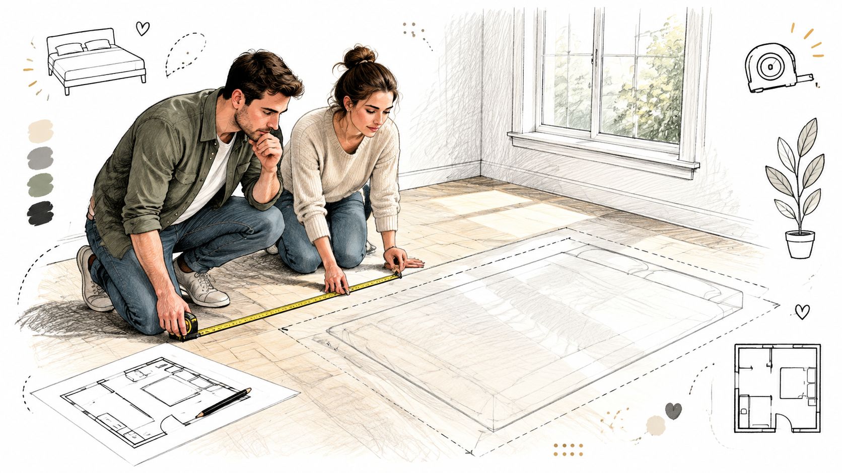 A couple kneeling on the floor measuring dimensions for a new mattress in a room.