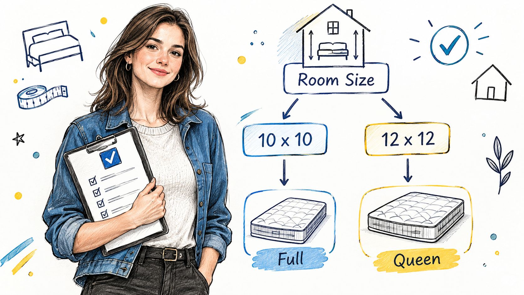 A woman holding a clipboard next to a graphic explaining mattress sizes for different room dimensions.