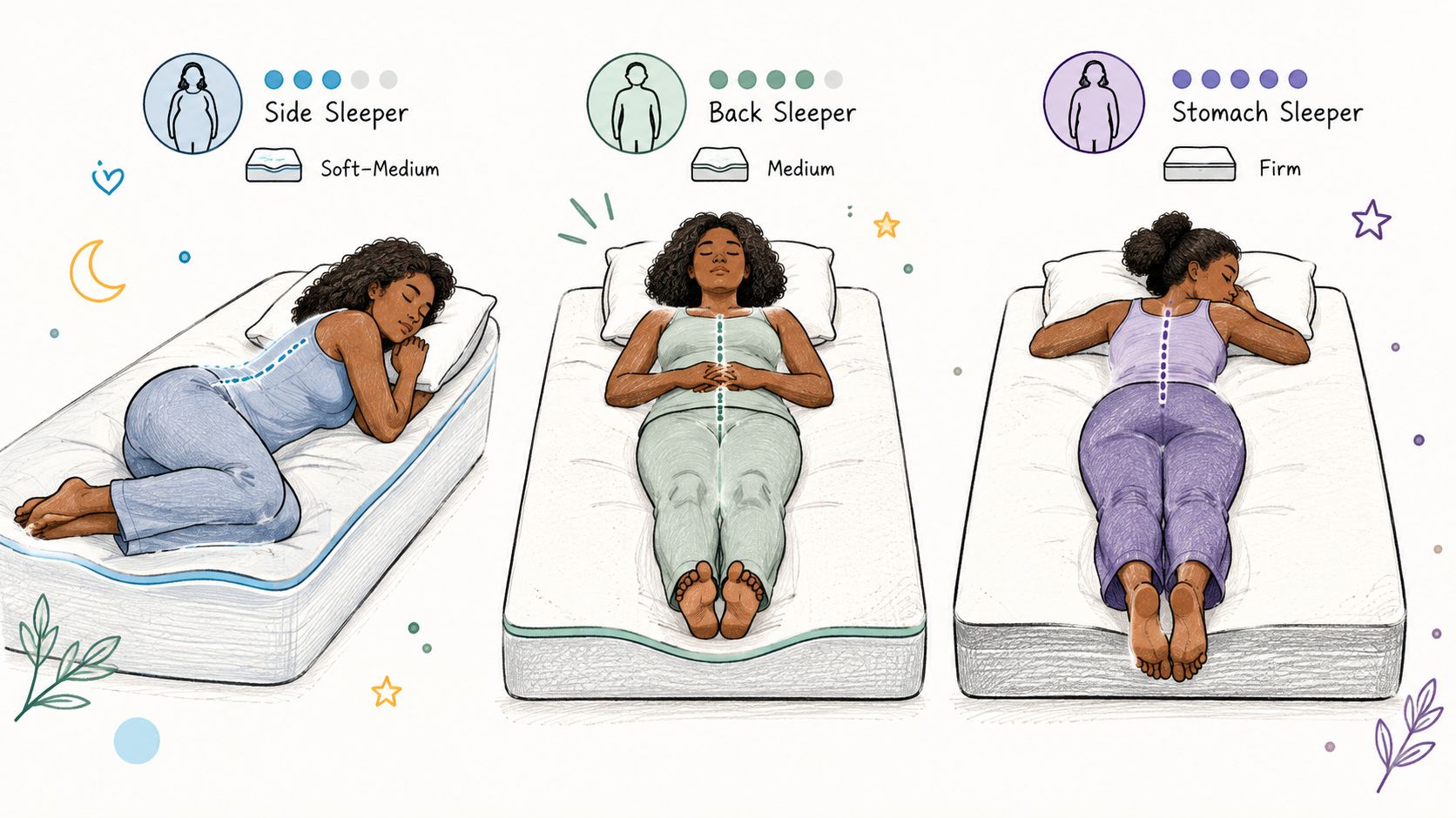 An illustration showing three different sleep positions and the corresponding mattress firmness levels for proper spine alignment.