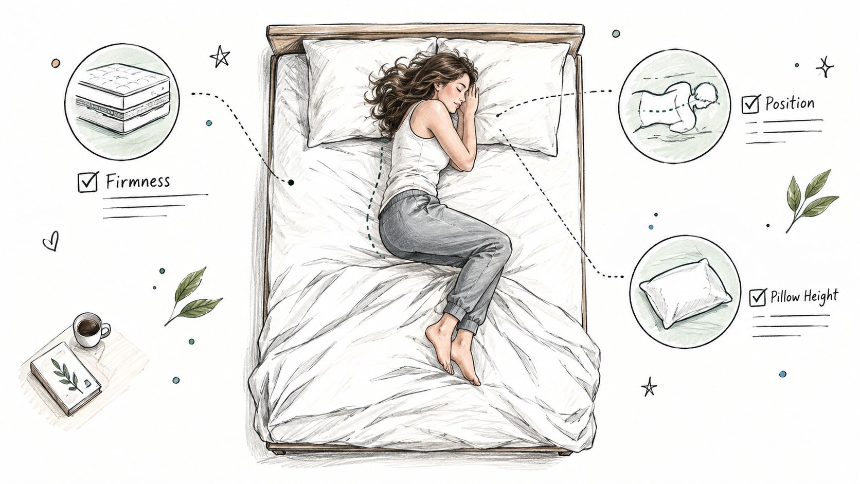 A hand-drawn illustration showing a person sleeping on a mattress with highlights on posture and pillow support.