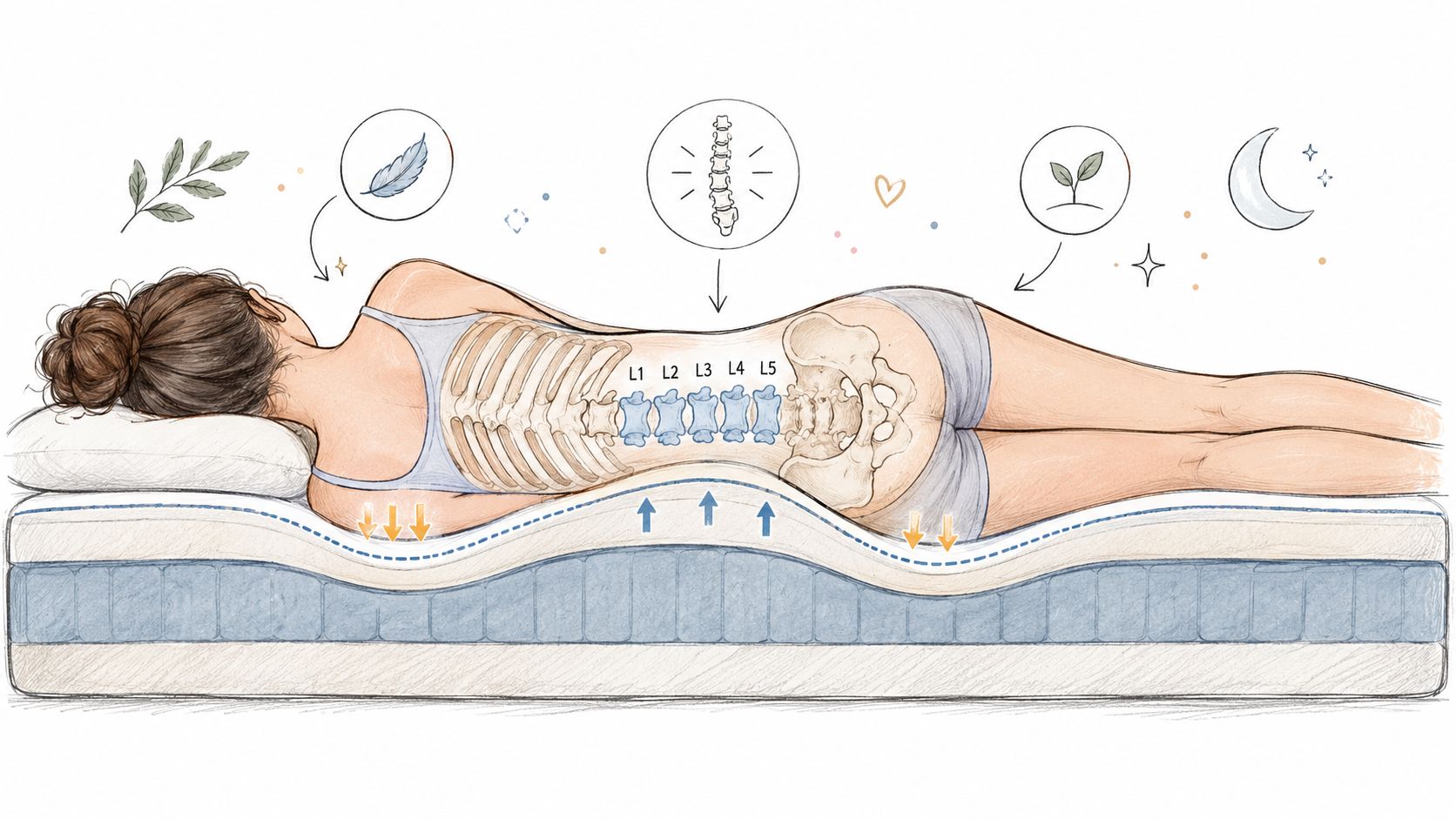 A diagram of a woman lying on a mattress showing lumbar spine support and proper alignment.