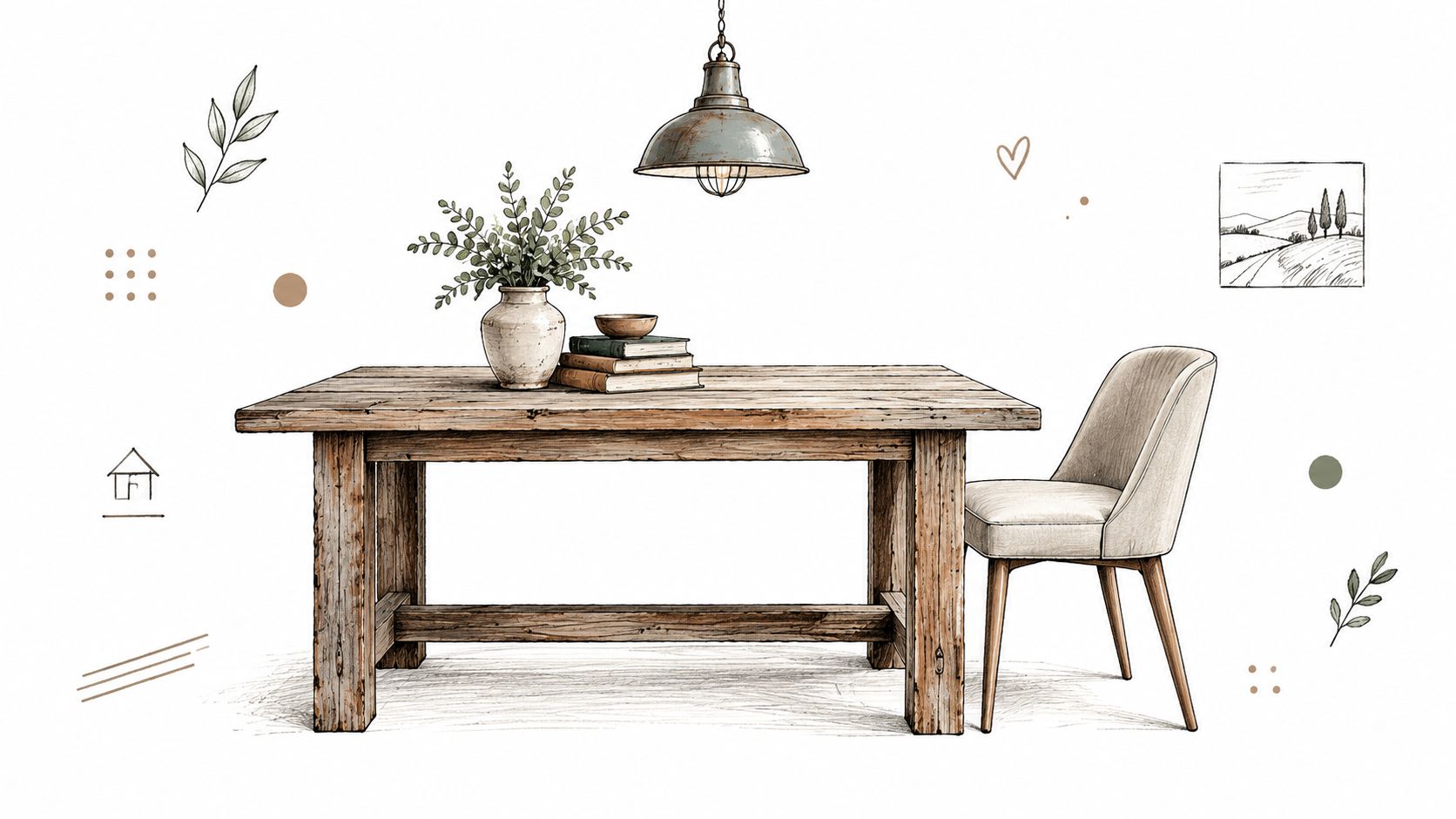 A charming pencil-sketch illustration of a rustic wooden dining table with a plant, books, and modern chair.