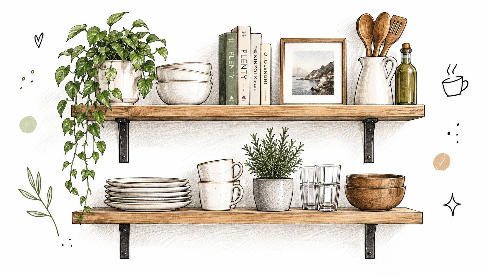 A hand-drawn illustration of wooden floating shelves styled with plants, ceramic dishes, books, and kitchen decor.