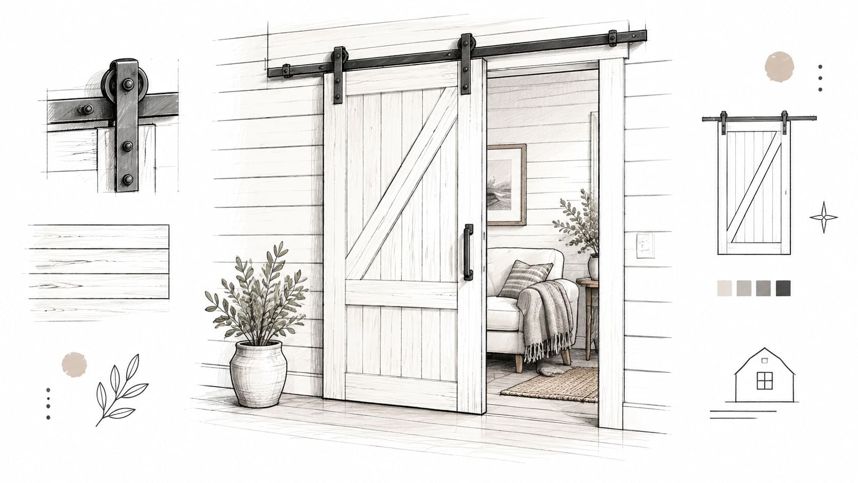 A pencil sketch of a modern farmhouse interior featuring a wooden barn door with black metal hardware.