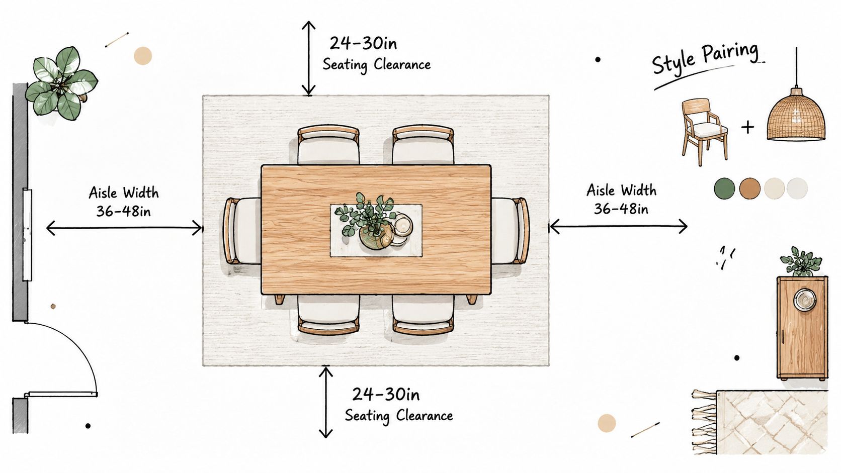 A top-down floor plan sketch demonstrating ideal spacing and layout guidelines for a natural wood dining room.