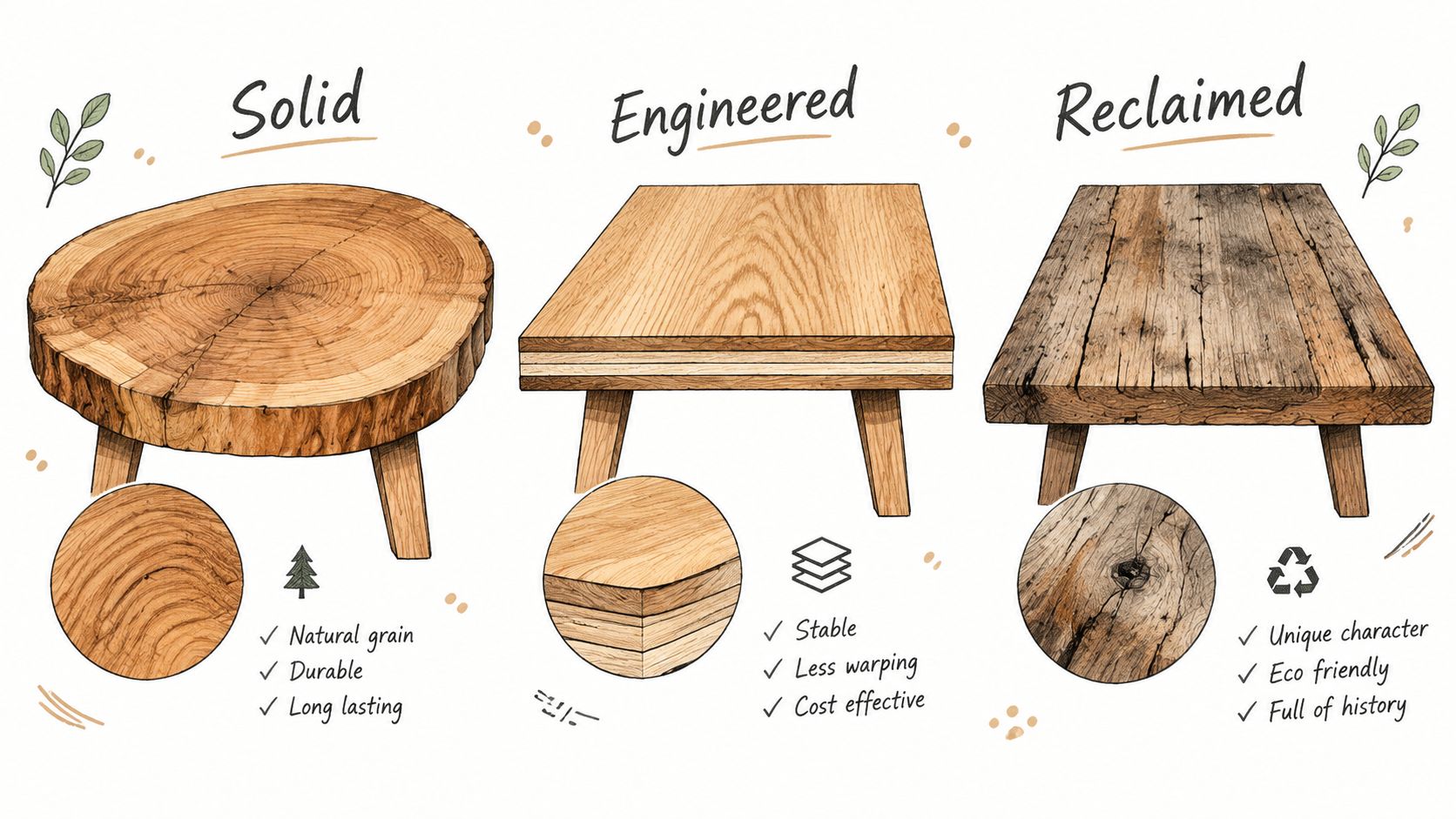A diagram comparing solid, engineered, and reclaimed wood types with descriptive features and illustrations for each.