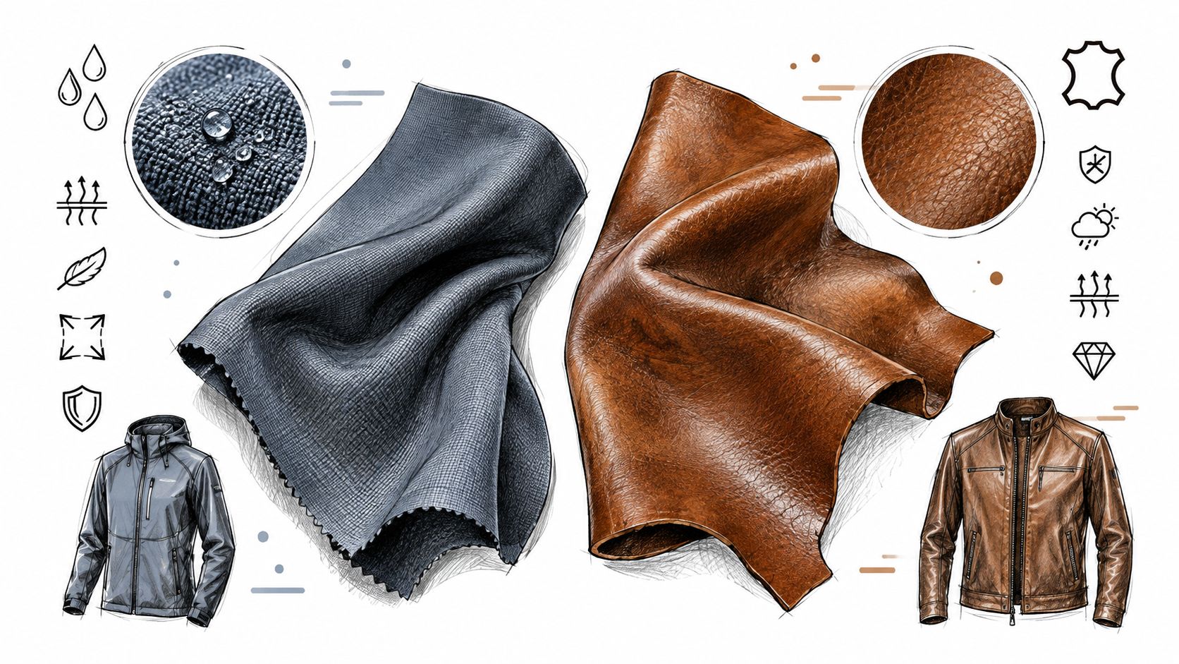 A comparative illustration showing technical fabric for outdoor jackets versus traditional brown leather for stylish outerwear.