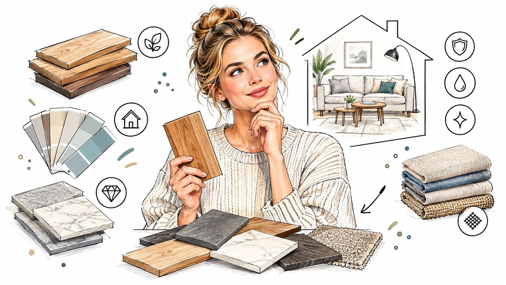 A woman considering home renovation materials including wood flooring, fabric swatches, and stone samples for her design project.