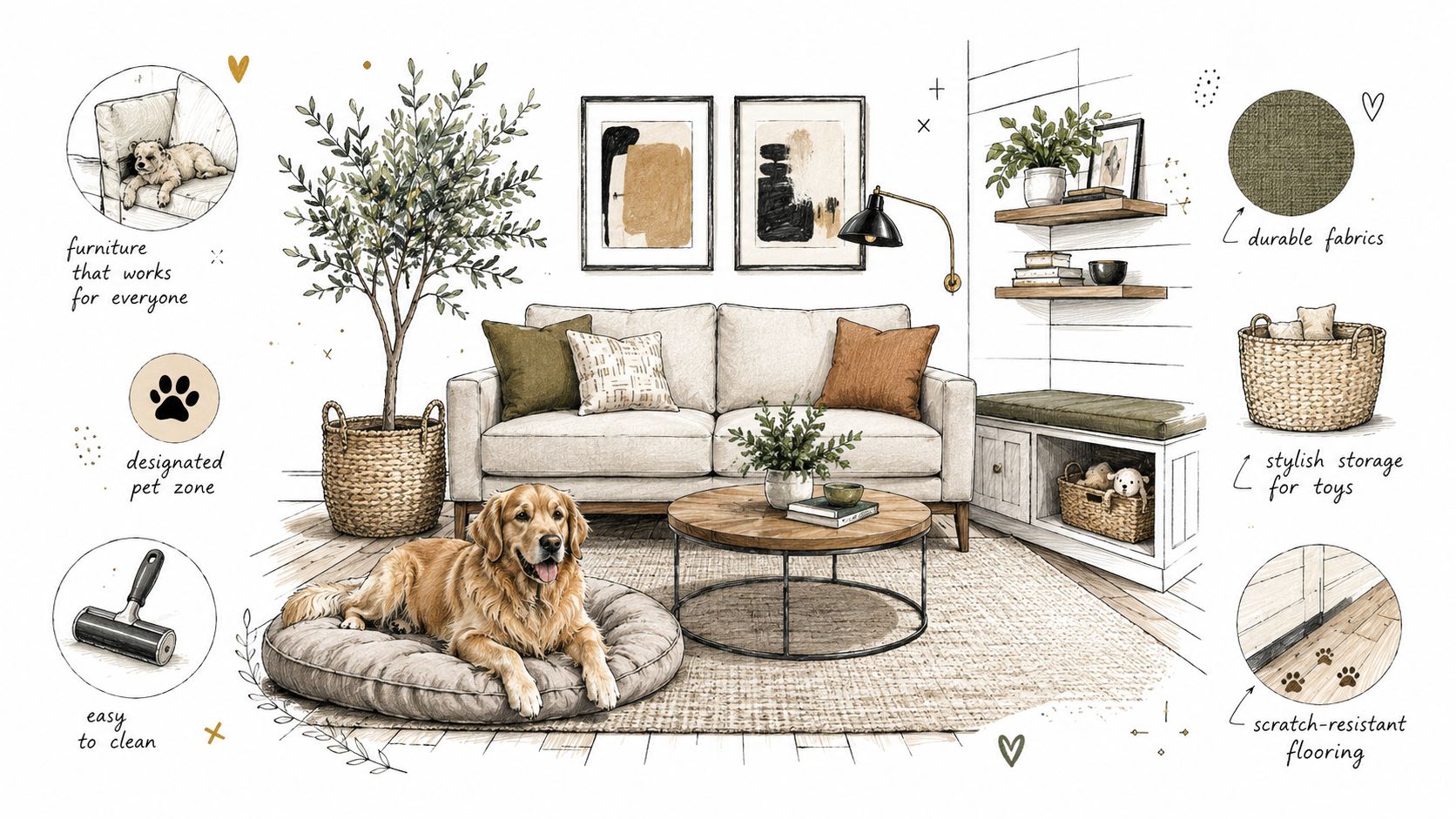 A cozy pet friendly living room design featuring durable furniture, stylish storage, and scratch resistant flooring options.