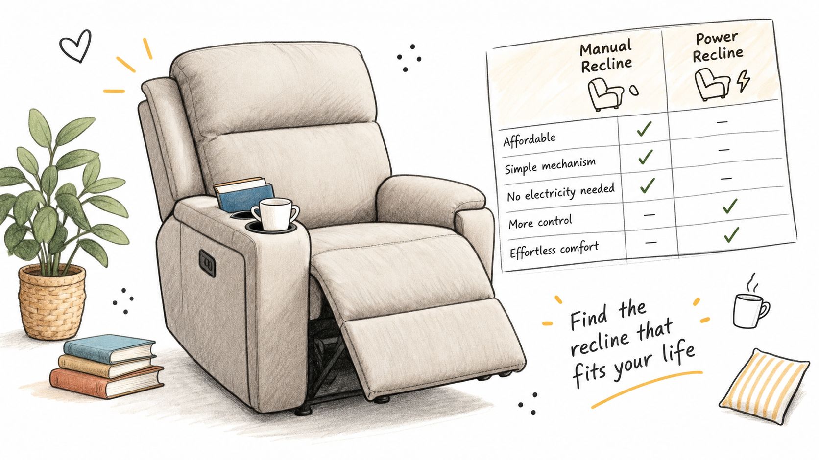 A recliner chair with a cup holder next to a comparison chart for manual and power recliners.