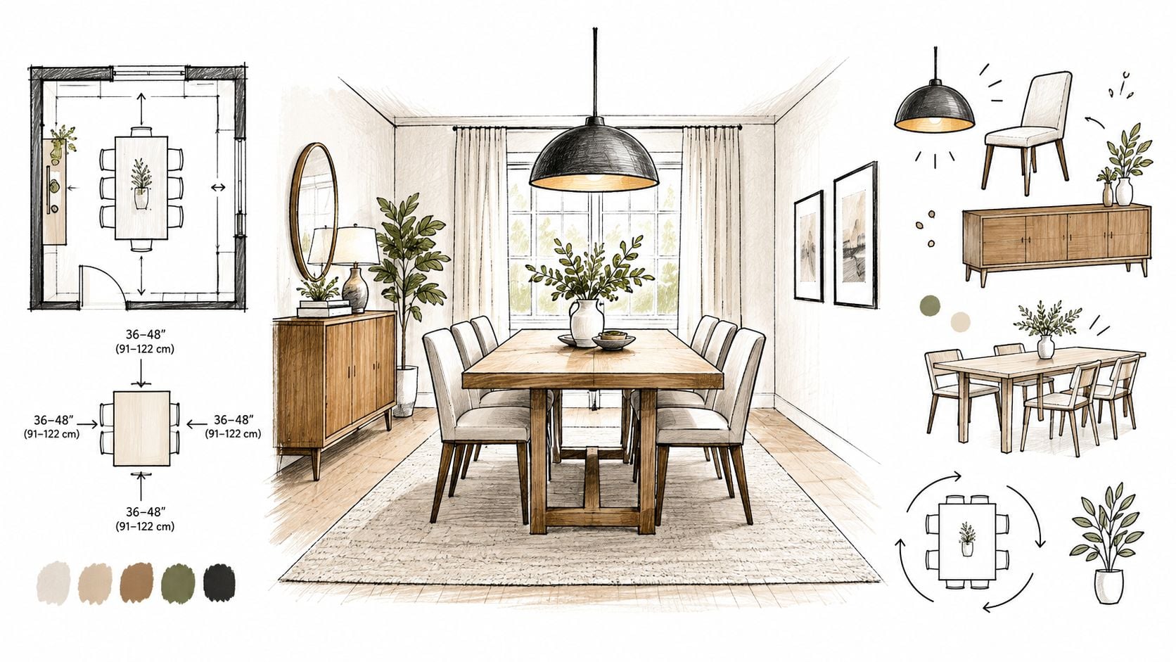 A design sketch showing dining room layouts, furniture placement, and recommended space measurements for a dining area.