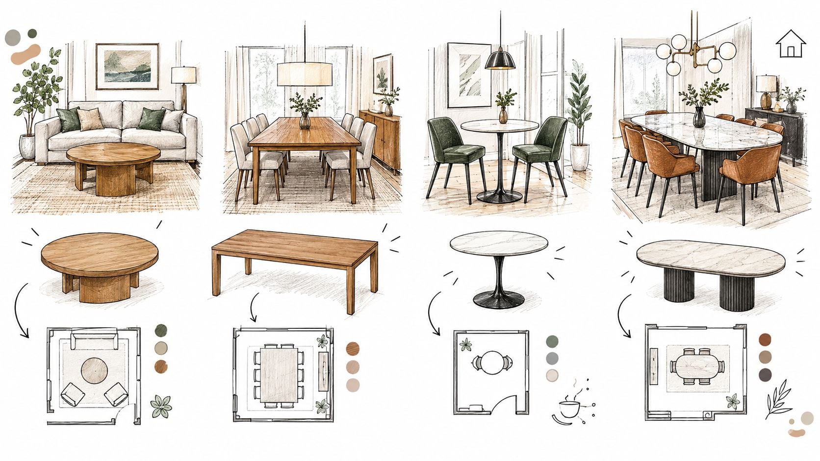 A design concept illustration comparing round versus rectangular dining tables in various interior room layouts.