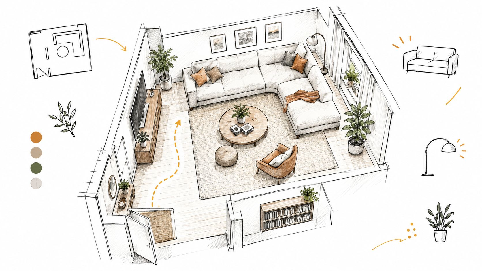 A detailed architectural sketch of a cozy living room featuring a modern sectional sofa layout design.