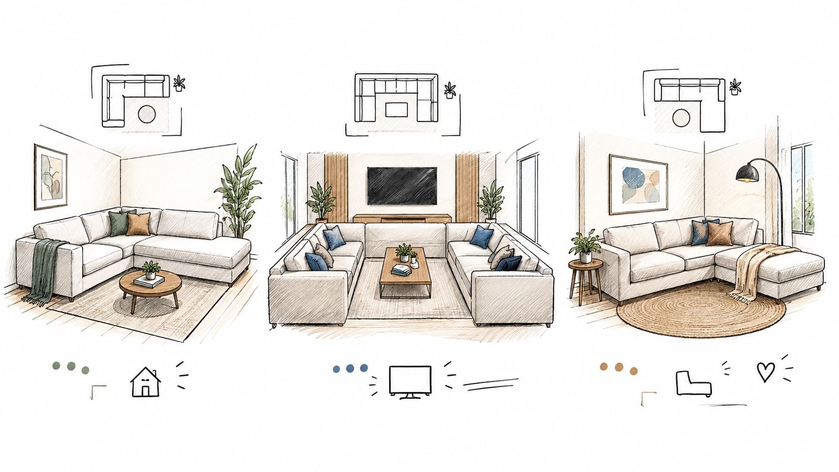 A hand-drawn illustration showing three different sectional sofa arrangement ideas for a modern living room interior.
