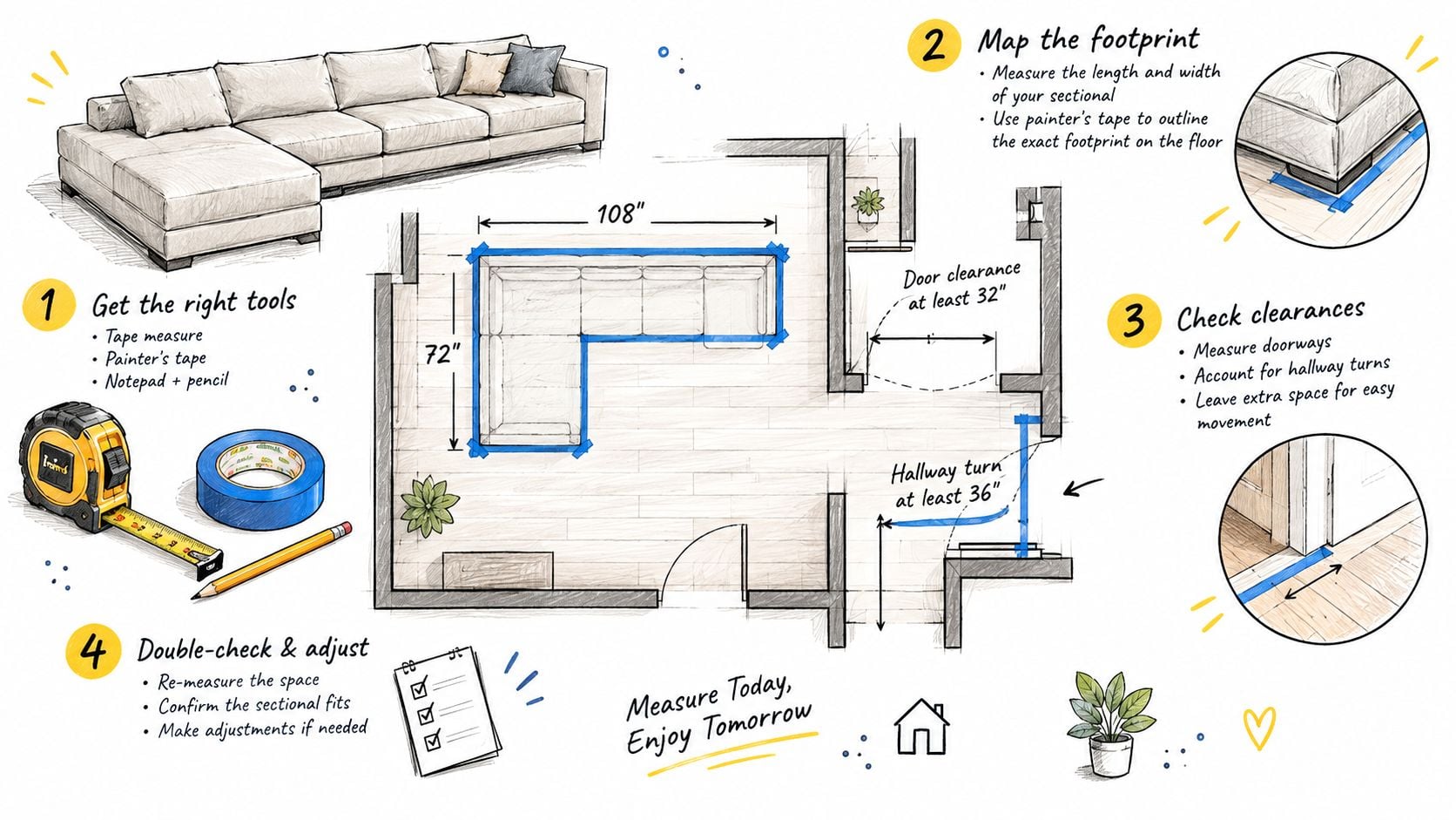 An infographic showing steps on how to measure a room for a new sectional sofa layout.