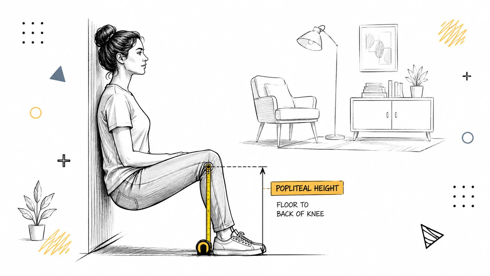 A woman demonstrating how to measure popliteal height from the floor to the back of her knee.