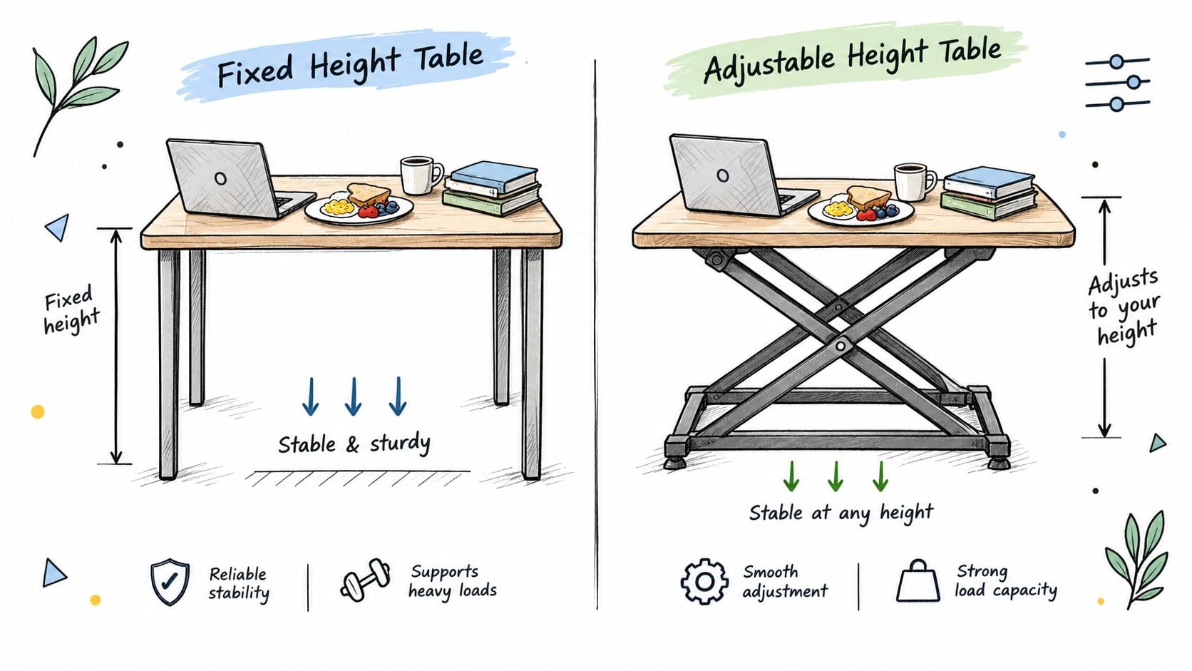 A side-by-side comparison diagram showing the benefits of a fixed height table versus an adjustable height table.