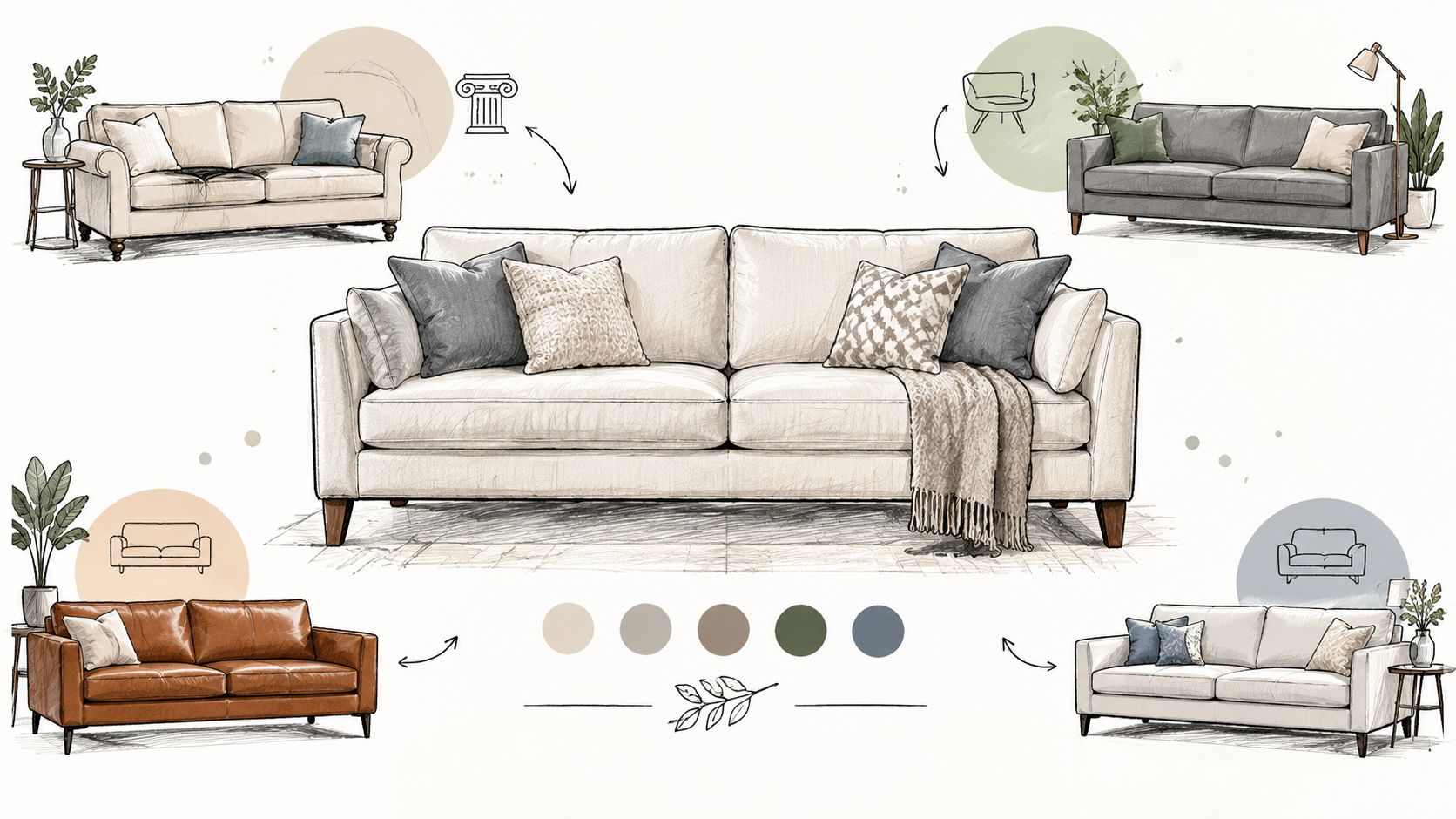 A digital illustration showcasing various transitional sofa styles with neutral color palettes and accent throw pillows.