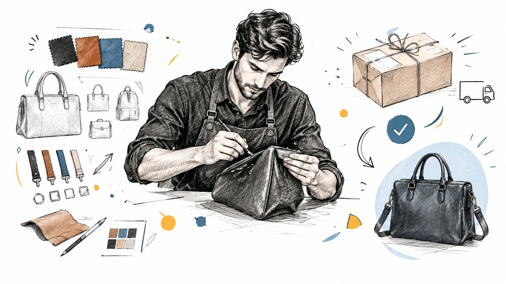 A professional leather craftsman working on a handmade luxury leather handbag in an artistic workshop.