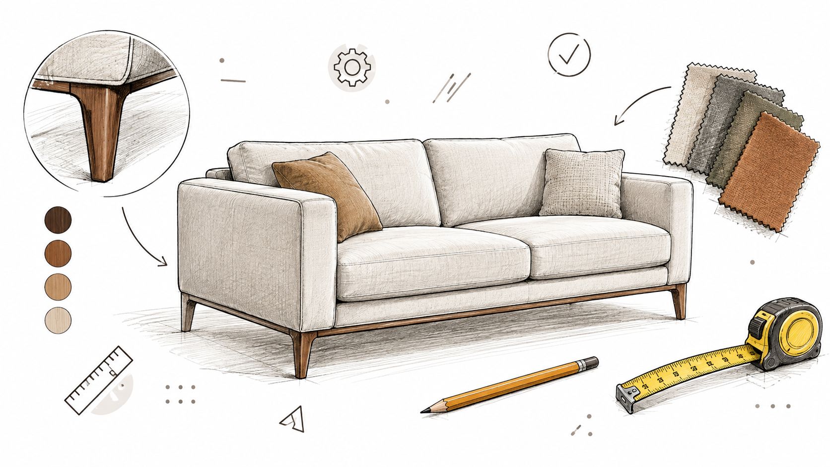 A detailed architectural sketch of a modern sofa with fabric swatches, measuring tools, and wood leg samples.