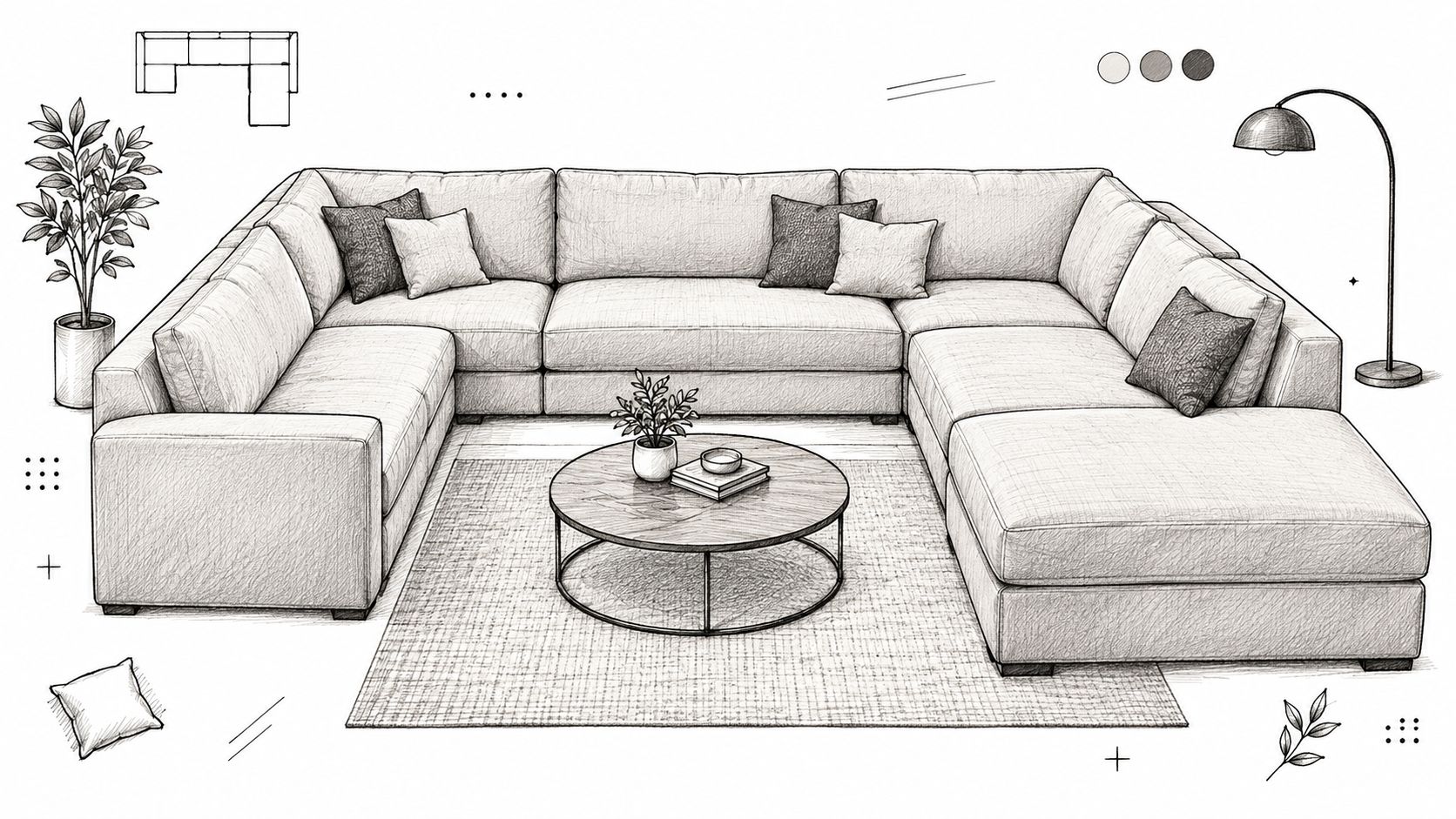 A pencil sketch of a spacious U-shaped sectional sofa with a chaise and a round coffee table.