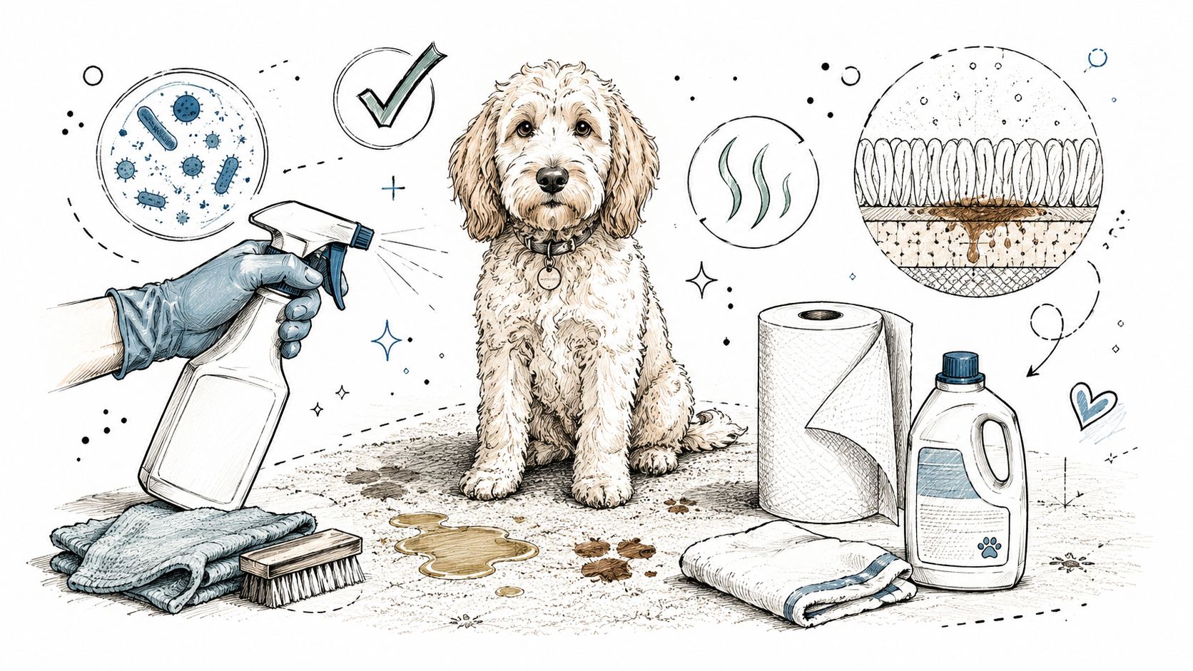 A professional cleaning set with a dog, cleaning spray, paper towels, and tools for removing pet stains.