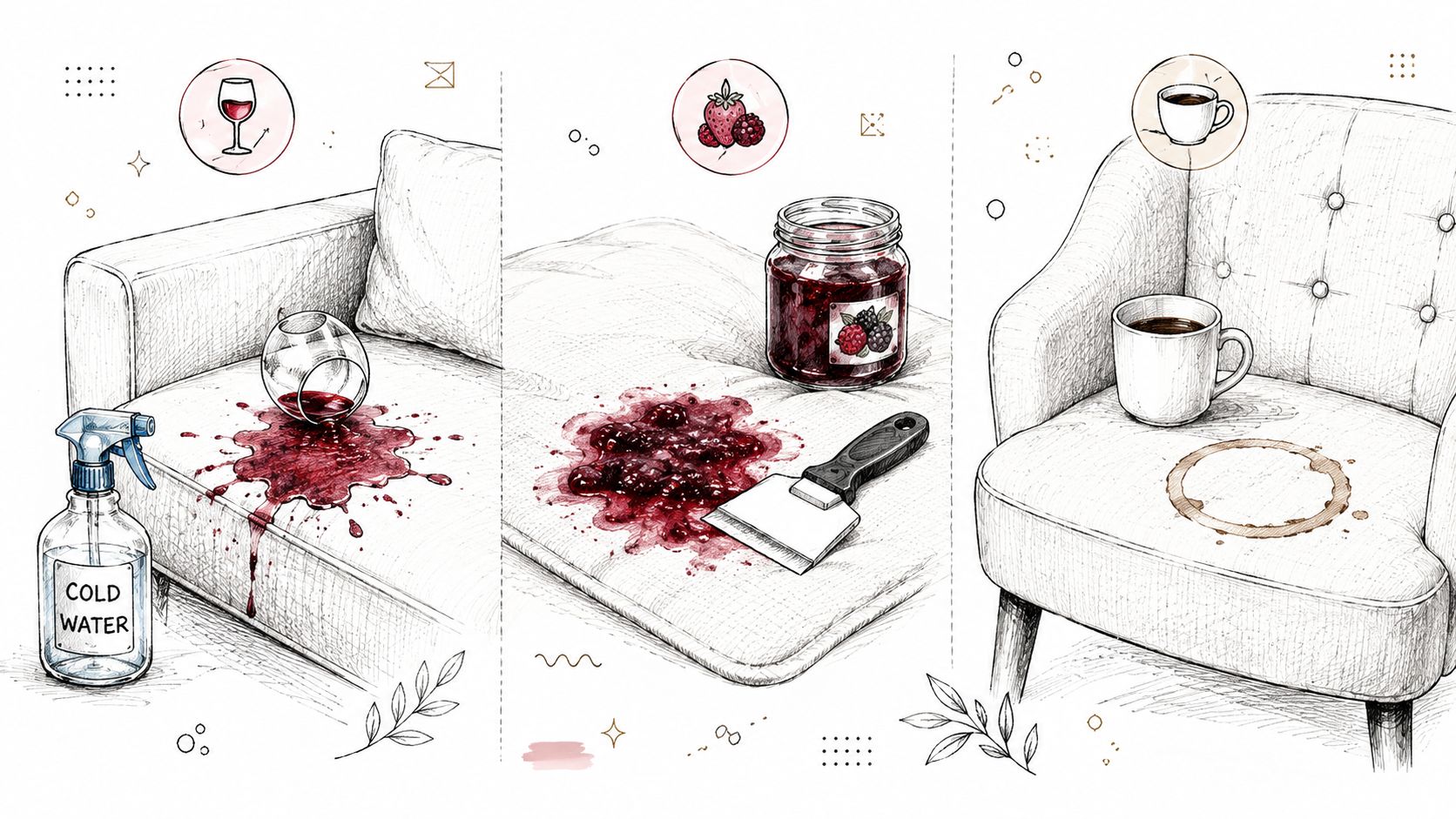 A hand-drawn illustration depicting common household upholstery stains like red wine, berry jam, and coffee rings.