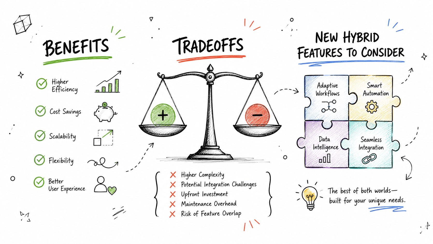 A hand-drawn infographic comparing the benefits, tradeoffs, and new hybrid features of a technical system.