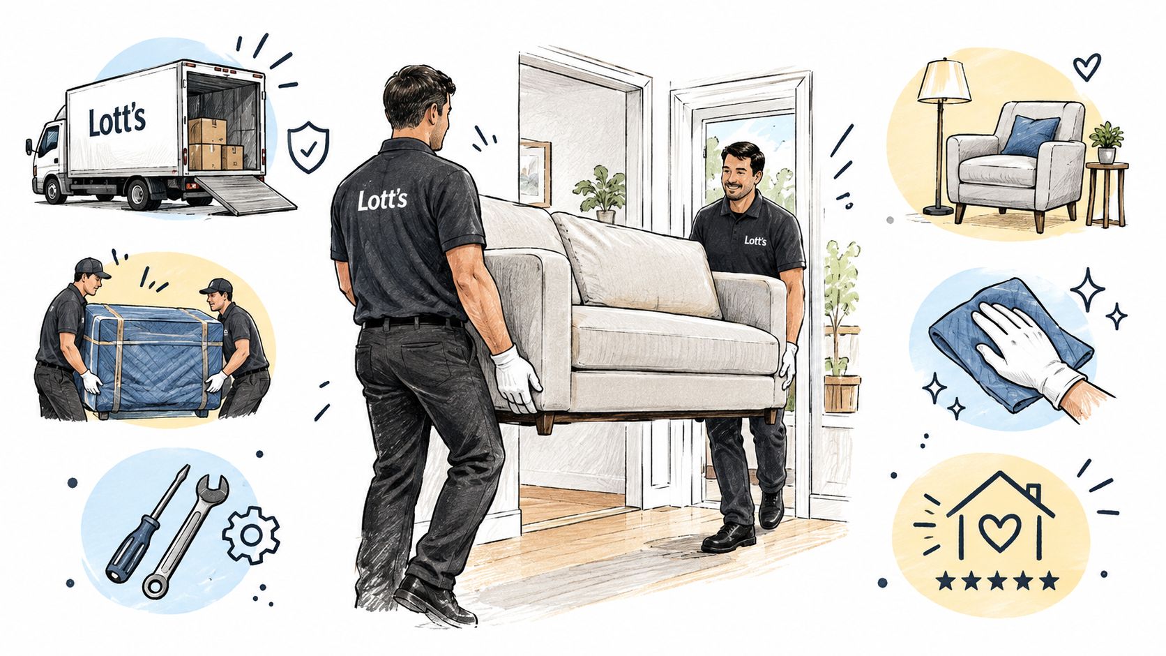 Professional movers from Lott's wearing uniforms and gloves carefully carrying a sofa into a new home.