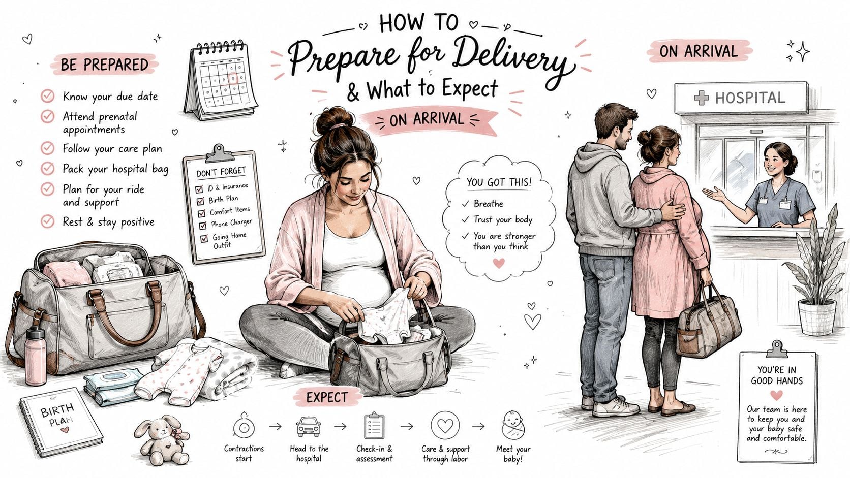 An illustrated guide for pregnant women outlining preparation steps, hospital arrival, and the delivery process expectations.