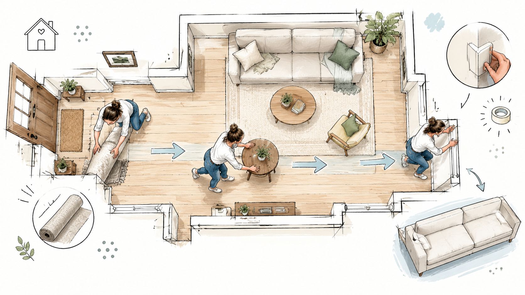A sketched floor plan illustration demonstrating how to properly arrange a rug and furniture in a living room.