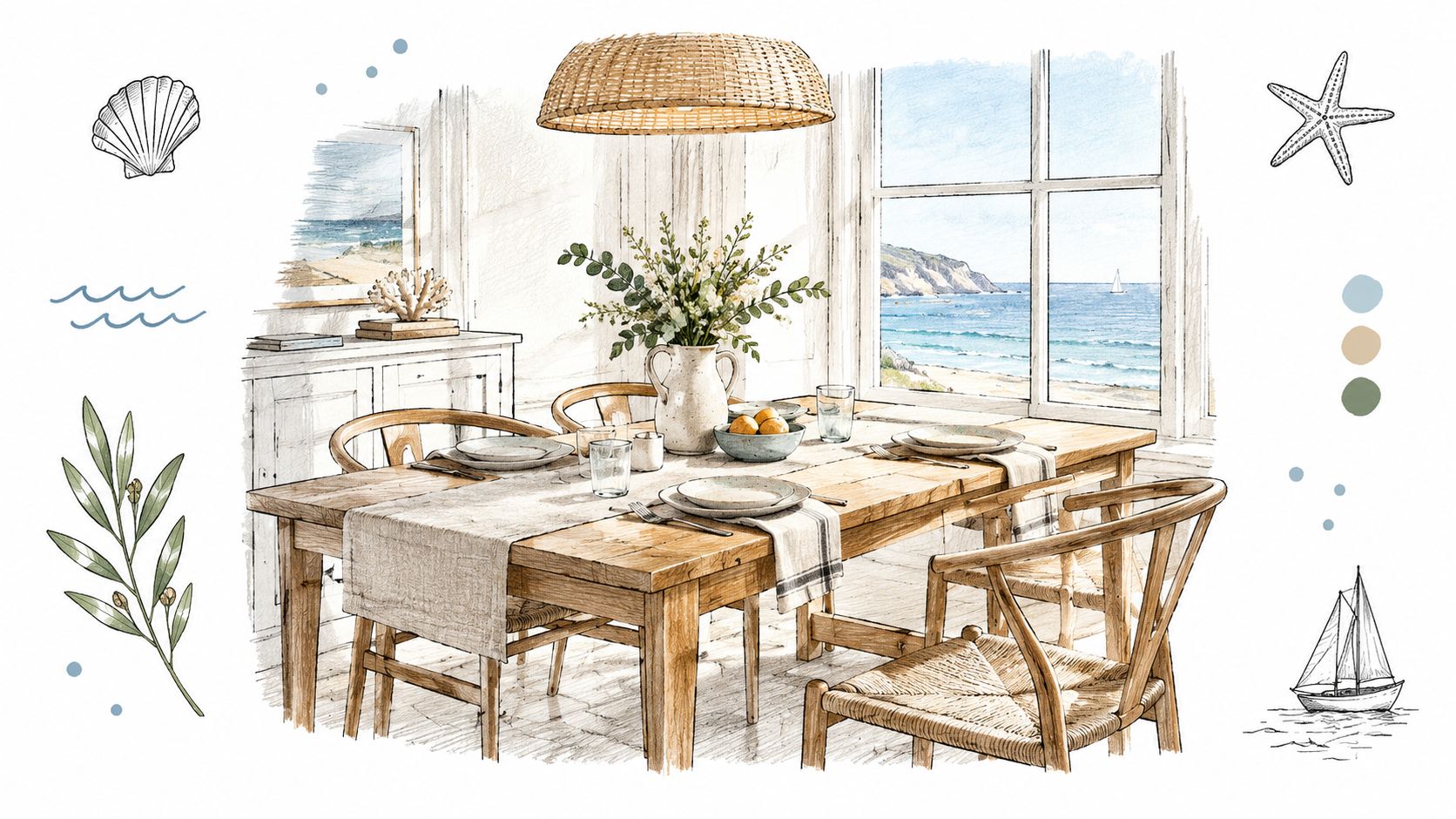 A charming pencil sketch illustration of a coastal dining room featuring a wooden table and ocean view.