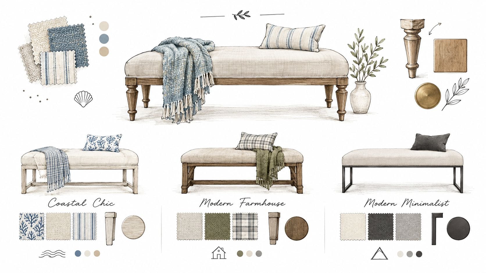 An interior design mood board showcasing three different styles of custom upholstered benches with fabric swatches.