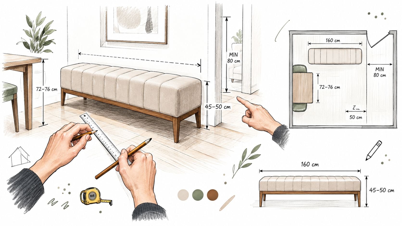 A hand-drawn illustration showing dimensions and spatial planning for a custom upholstered bench in a dining room.