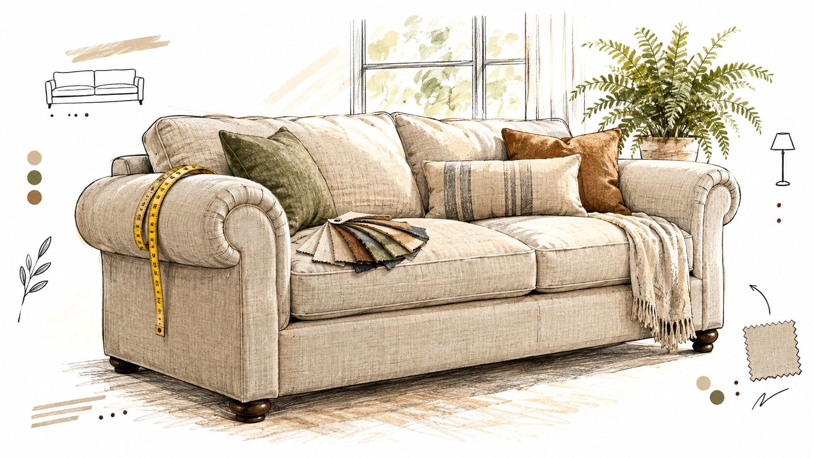 A beige upholstered sofa decorated with pillows, a measuring tape, and various fabric swatches for custom furniture.