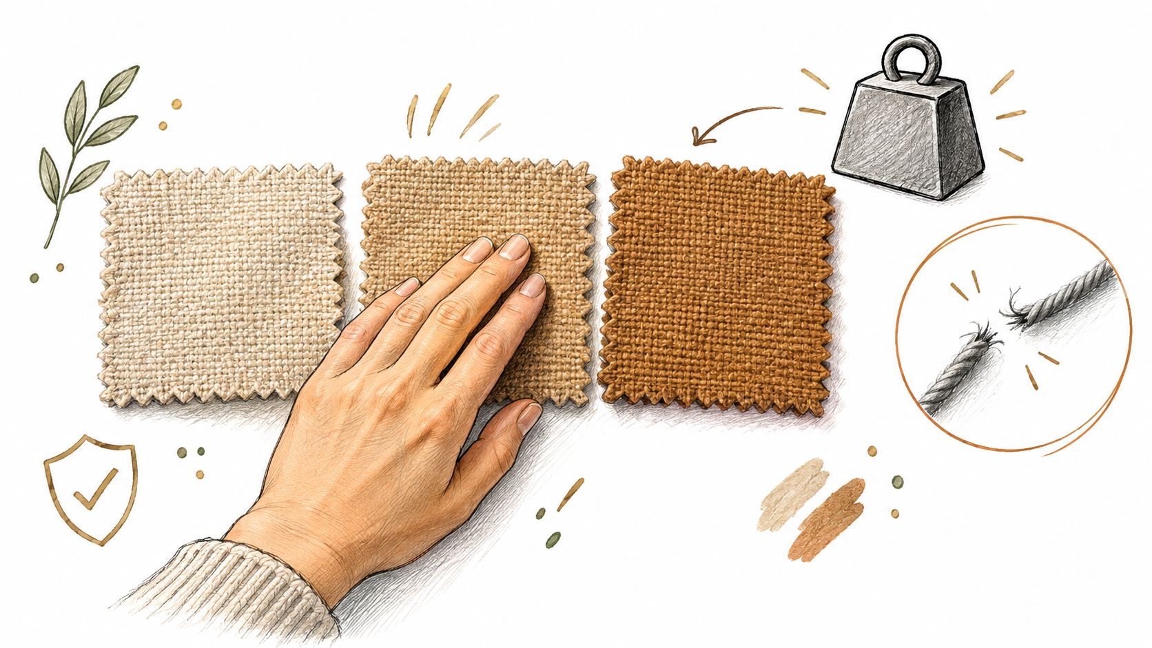 A hand touching different textured fabric samples displayed with a weight icon and a frayed rope illustration.