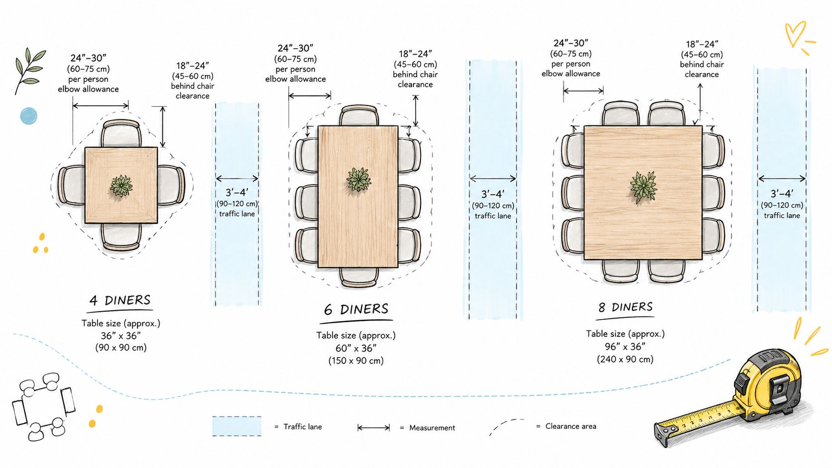A diagram illustrating ideal dining room spacing, table sizes, and clearance requirements for four, six, and eight diners.