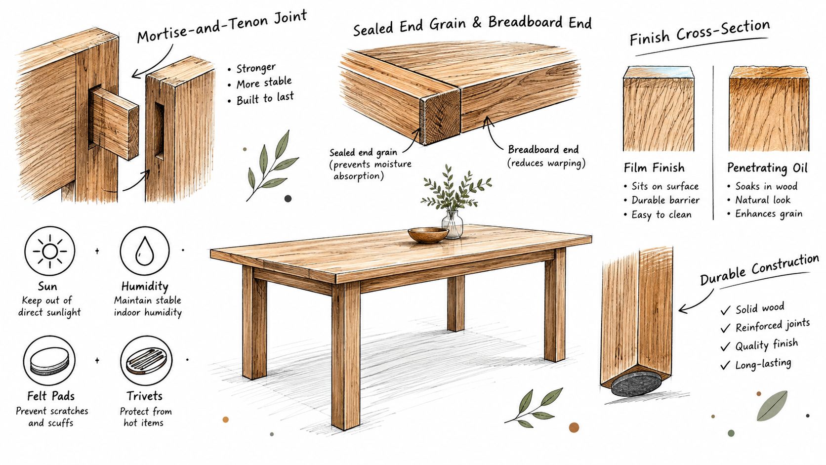 An illustrated guide detailing the craftsmanship, construction methods, and maintenance tips for solid wood dining room furniture.