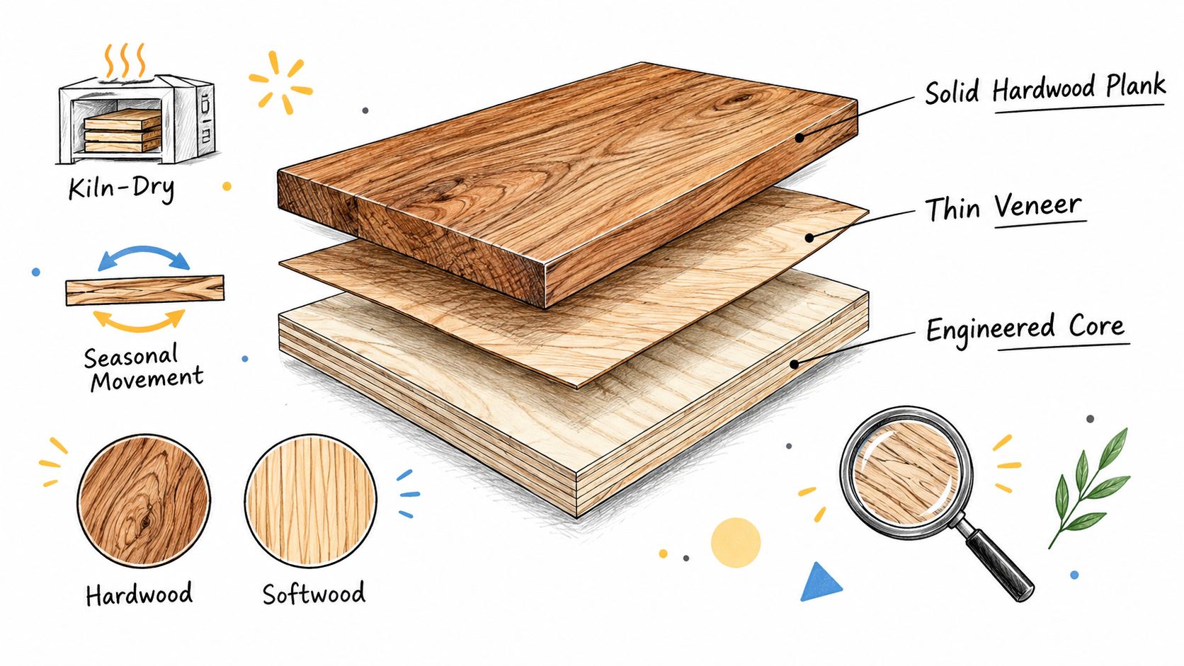 A detailed illustration showing the layered structure of engineered wood flooring with labels for each component.