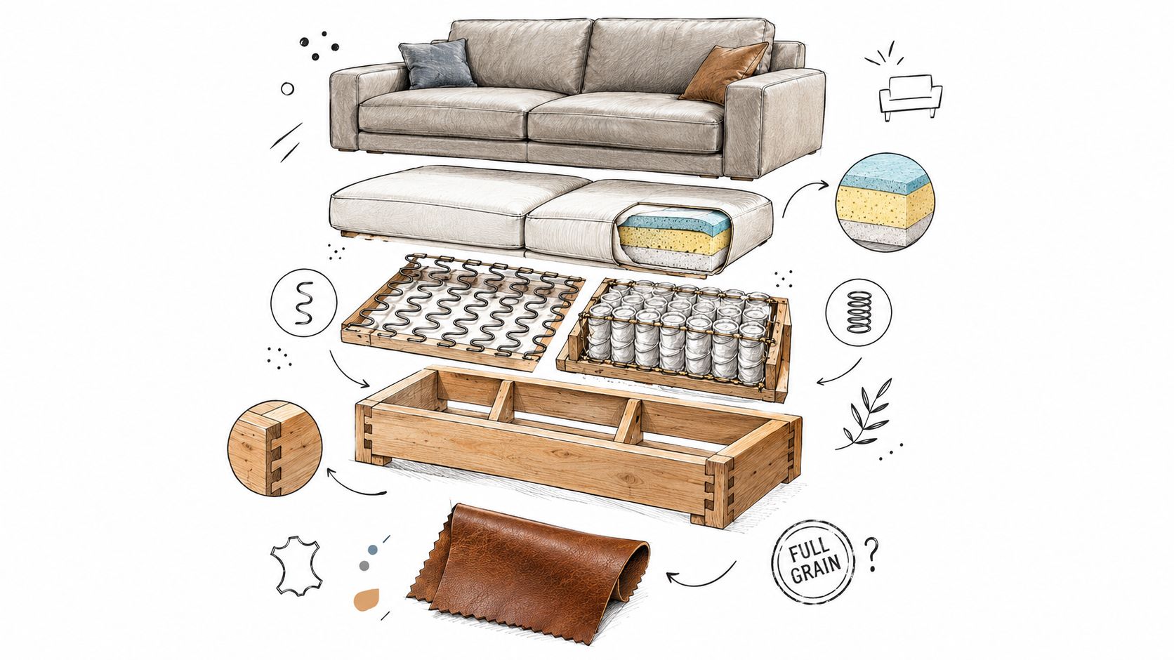 An exploded view diagram showing the detailed construction layers and materials used in a high-quality leather sofa.