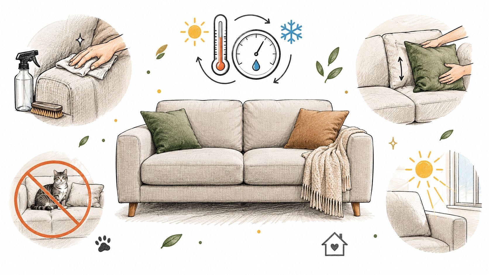 A diagram illustrating care tips for a fabric sofa, including cleaning, cushioning, temperature control, and maintenance.