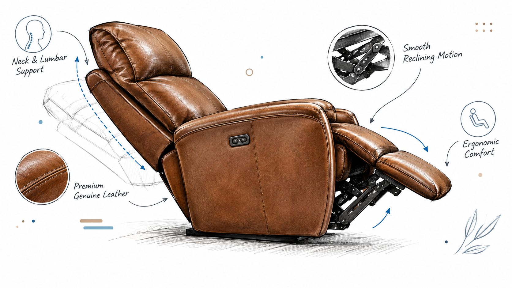 A brown genuine leather reclining chair featuring ergonomic design details for neck, lumbar, and leg support.