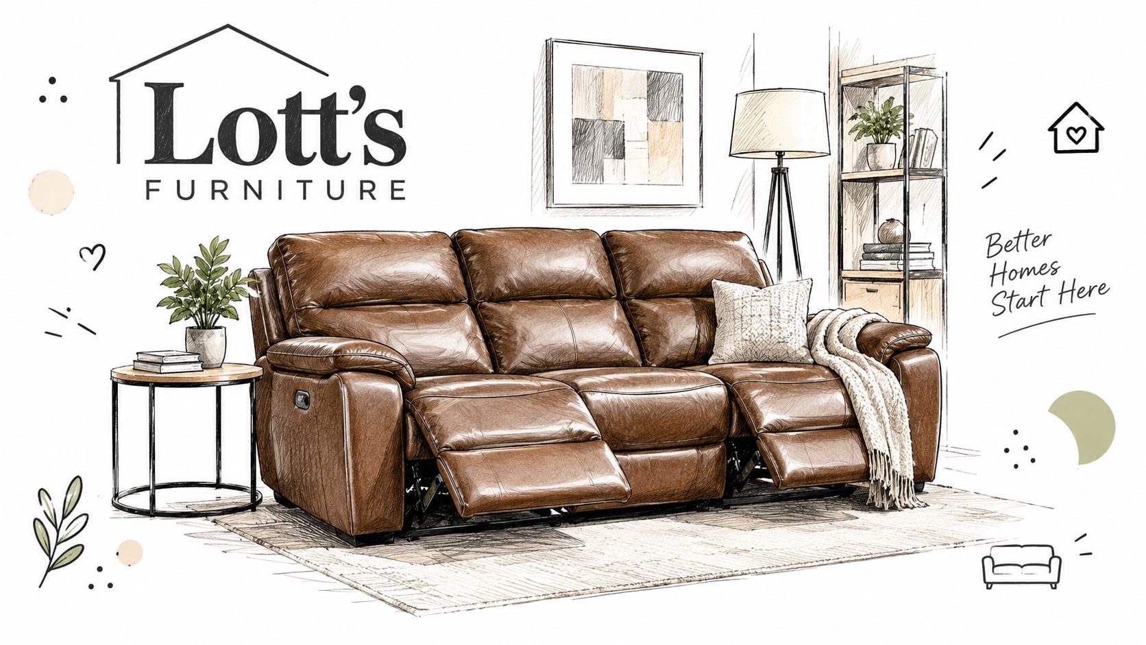 A cozy brown genuine leather reclining sofa displayed in a warm, artistic living room sketch style.